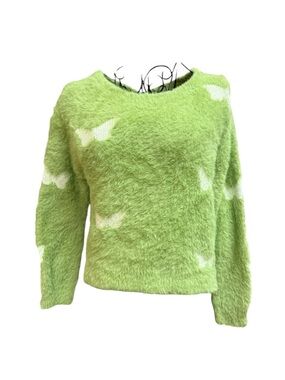 Women’s Fuzzy Lime Crewneck Sweater with Butterfly Accents